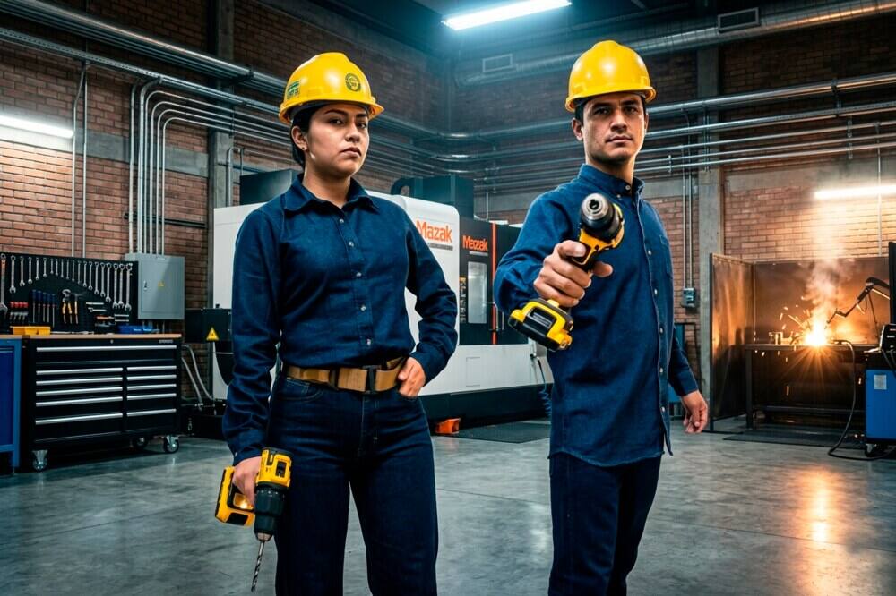 Equipo Stark con uniformes de mezclilla en planta